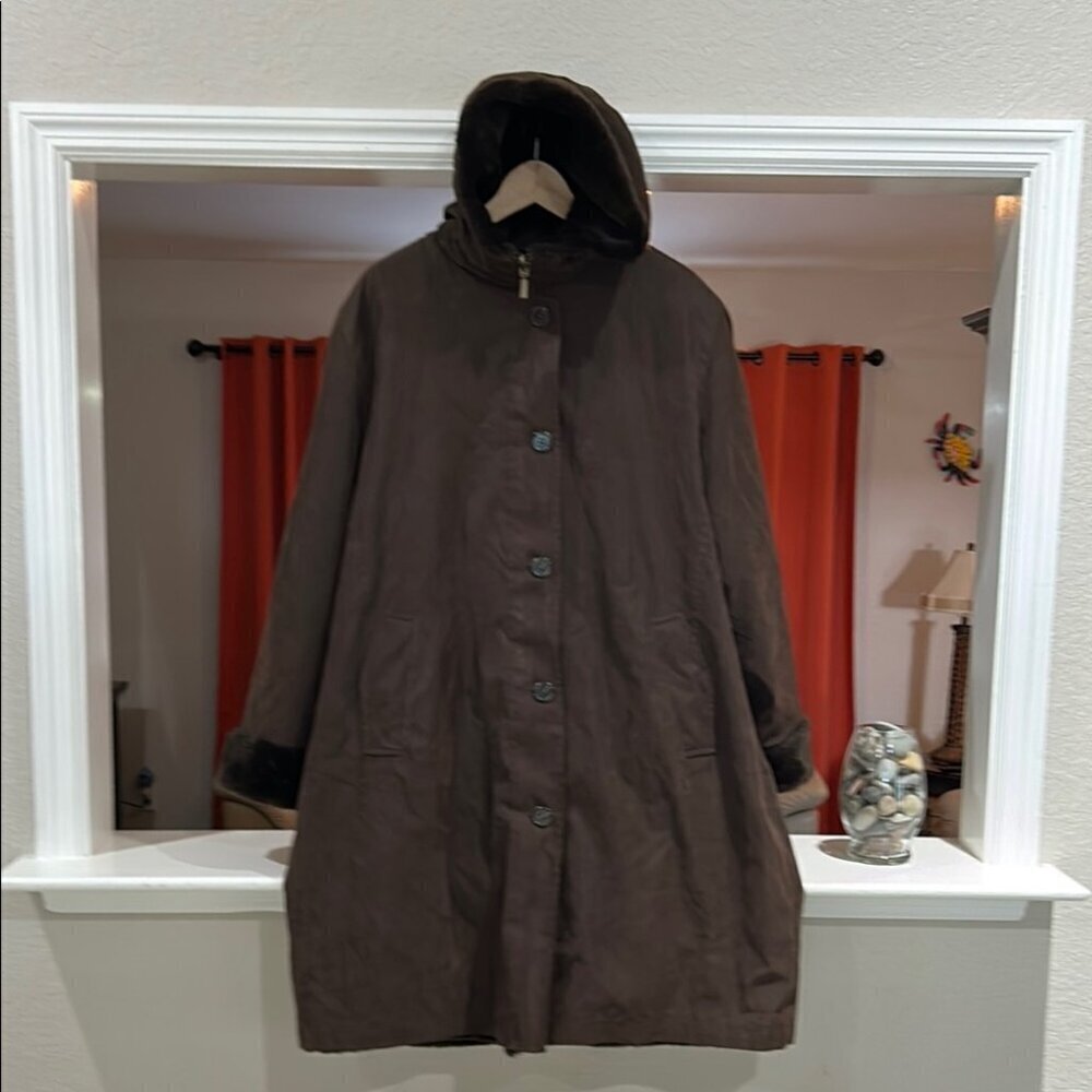 Gallery Brown Faux Suede Hooded Women's Parka Faux Fur Lined Coat Size XL